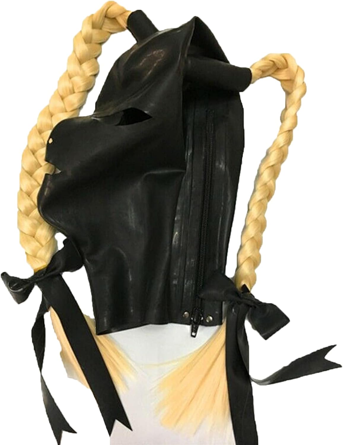 Latex Mask Head Cover Black Hood Women Men Ponytail Braid Wig Open Eyes Game Halloween Christmas ZZ53