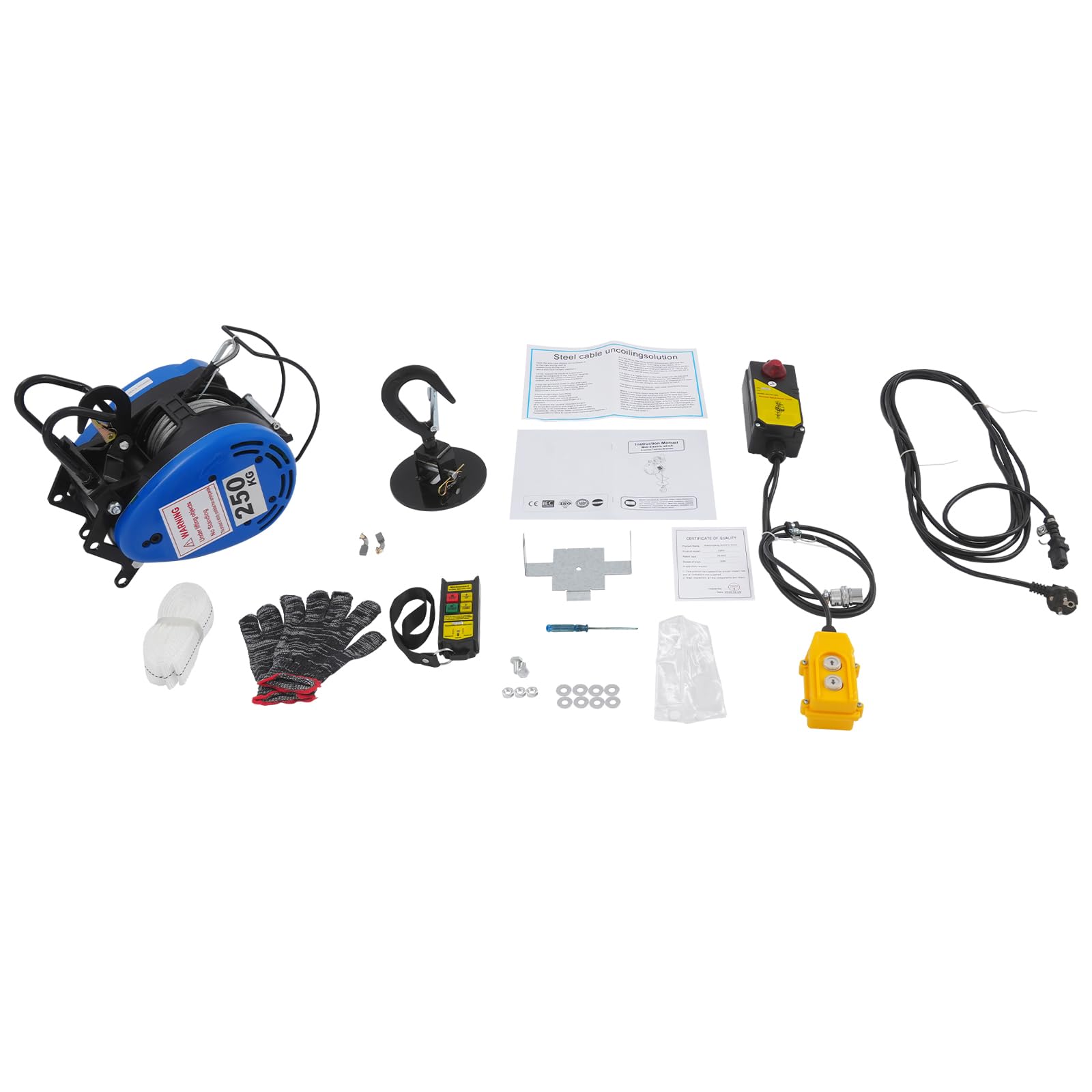 Mobile Seilwinde Elektrisch 230V 250kg Tragkraft 29m-Hubhöhe 19m/min Elektro Seilhubzug mit Funkfernbedienung (100m) 30m-Stahldrahtseil Hängetaster Sicherheits-Lasthaken Begrenzer 1.5m-Kabellänge