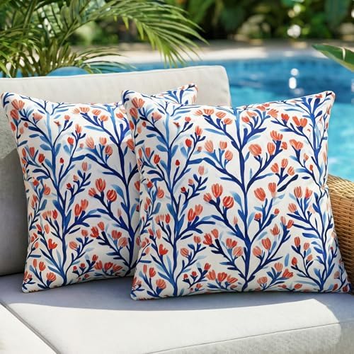 Outdoor Pillow Covers 18x18 Inch Set of 2, Blue and Orange Floral...