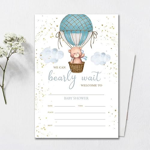 Miniatura 3 de YIDOU Invitaciones para fiesta de baby shower, globo azul de aire caliente, oso para baby shower, tarjetas de invitación 20 invitaciones y sobres