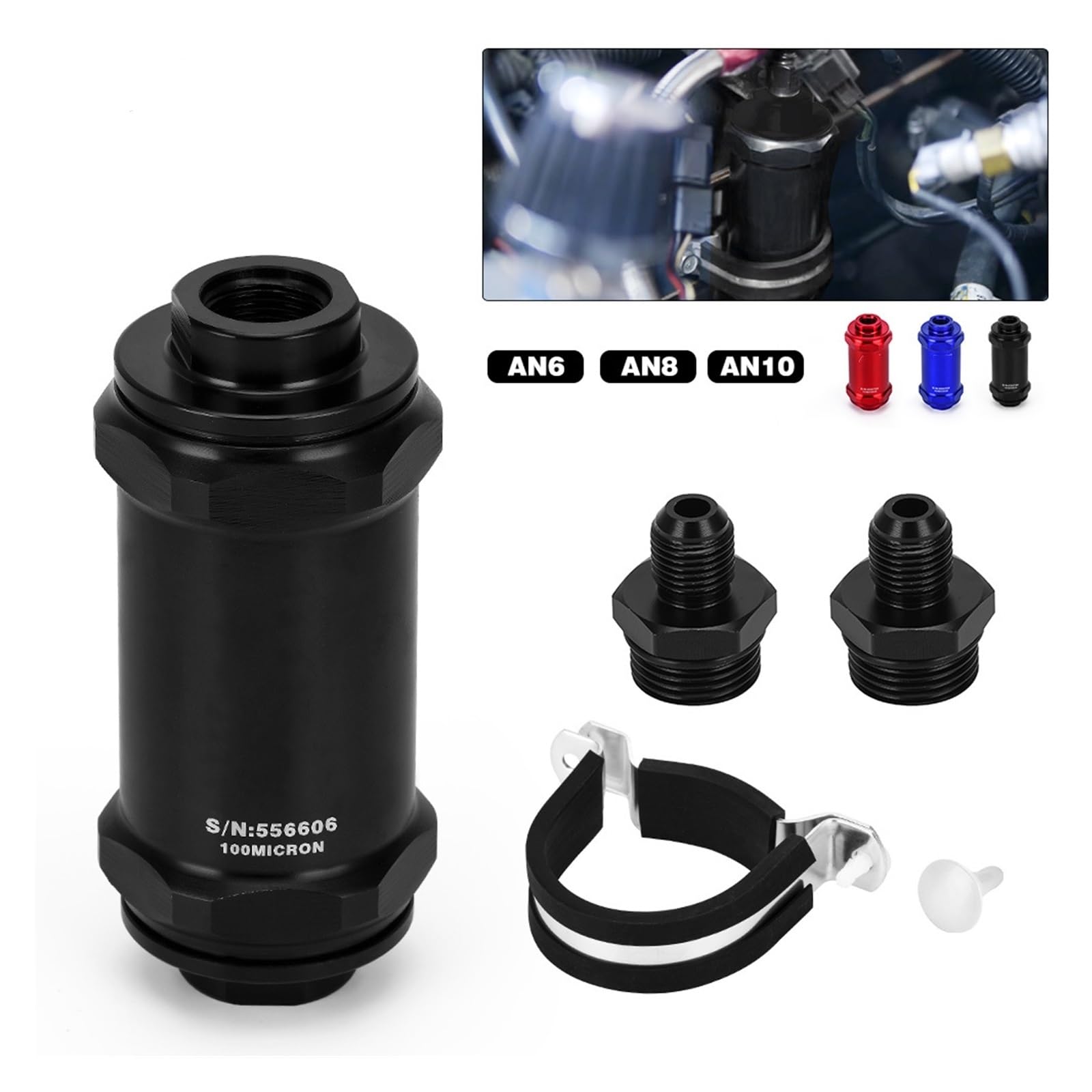 Filtro Carburante in Linea AN6 / AN8 / AN10 Nero Etanolo E85 con Elemento in Acciaio Inossidabile da 100 Micron e Adesivo (Color : Black AN10 Fitting)