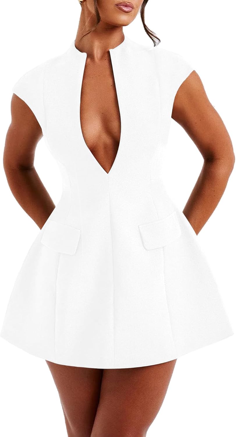 LuFeng Women's Summer Sexy Cap Sleeve Deep V Neck Zipper A-line Mini Dress Hollow Bodycon Night Out Party Dress - Image 7