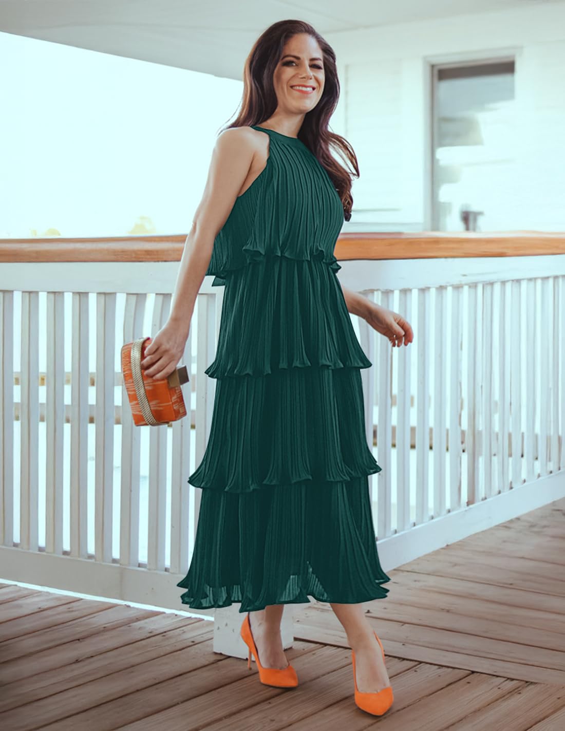 ZESICA Vestido largo por debajo de la rodilla sin mangas con cuello halter y volantes para mujer, de gasa, con vuelo, de verano 2026