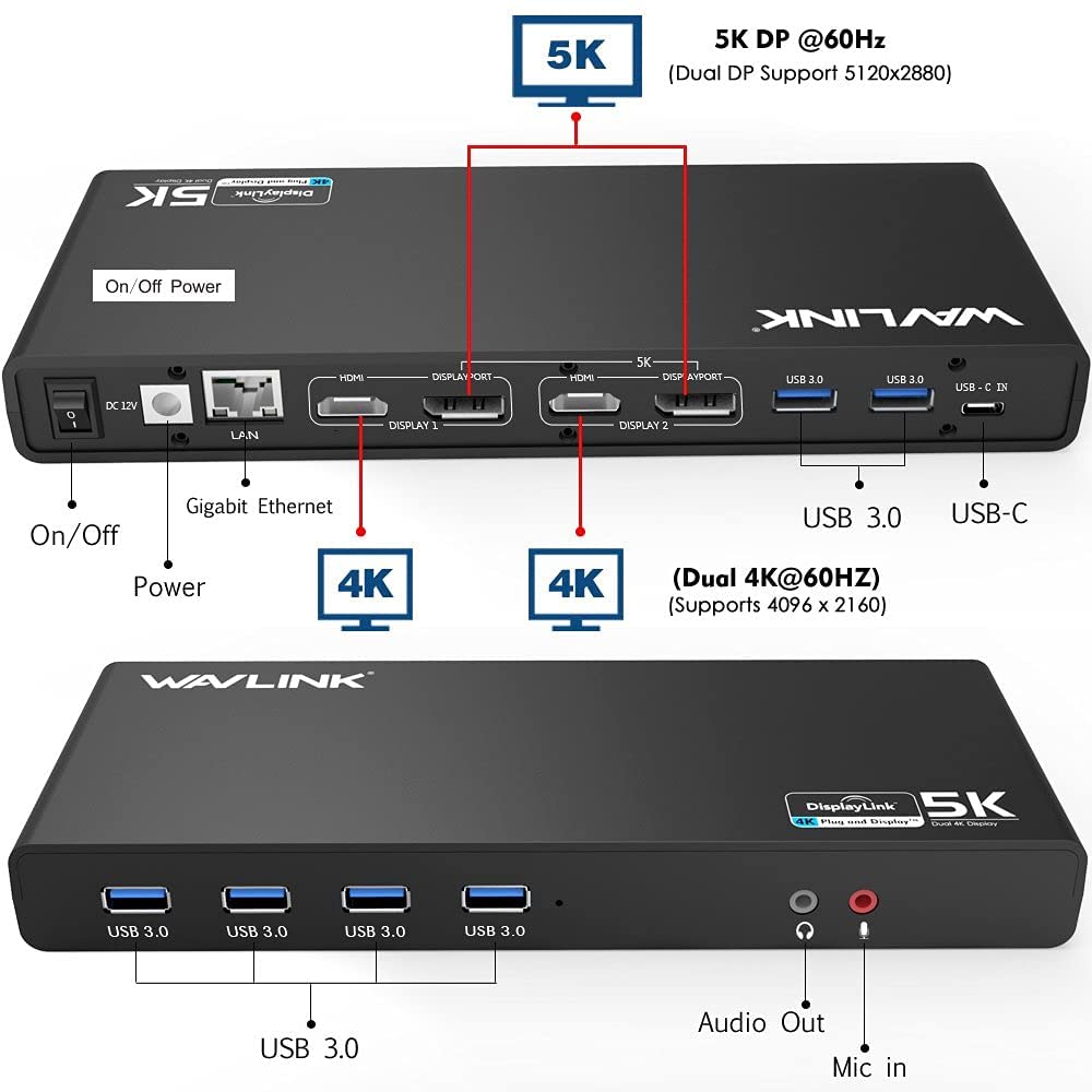 WAVLINK USB C＆3.0 Ultra 5K Docking Station HD Dual Video Multifunción Display con 2x5K DP Puertos, 2x4K HDMI Puertos, 6xUSB 3.0, Gigabit Ethernet, Audio out y Mic in, para MacBook Neo