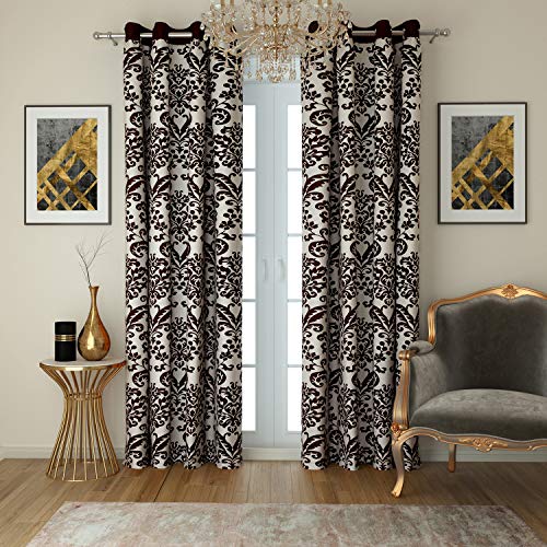 Image of Swayam Blackout Cotton Casement Long Door Curtain for Living Room & Bedroom | 9 Feet | Room Darkening Curtain with Eyelets | Pack of 1 | Ethnic Motif Design - Brown