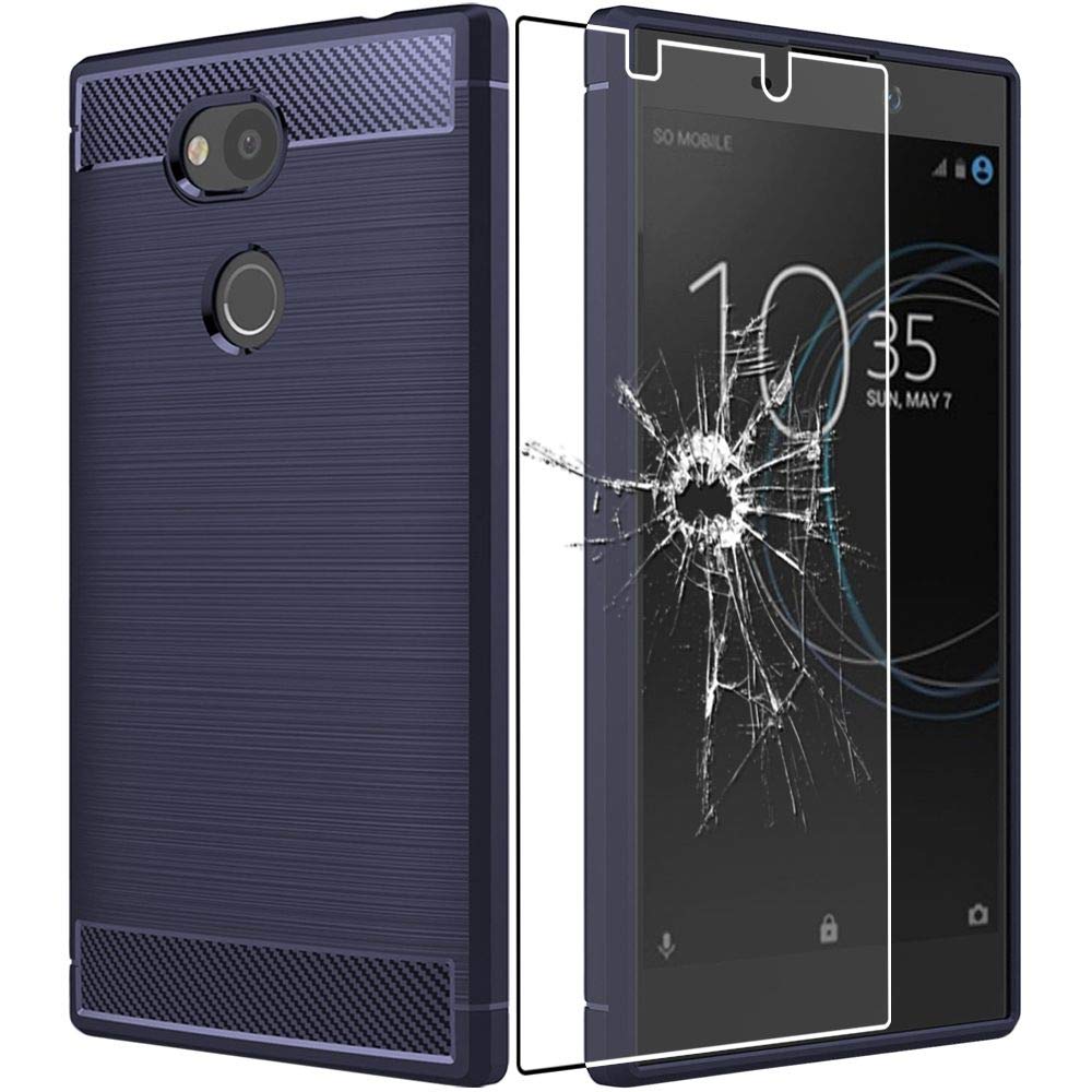 Cover EbonStar Per Sony Xperia L2 / L2 Dual (2018) - Custodia TPU Carbon Design Blu Scuro + Vetro Temperato - 2