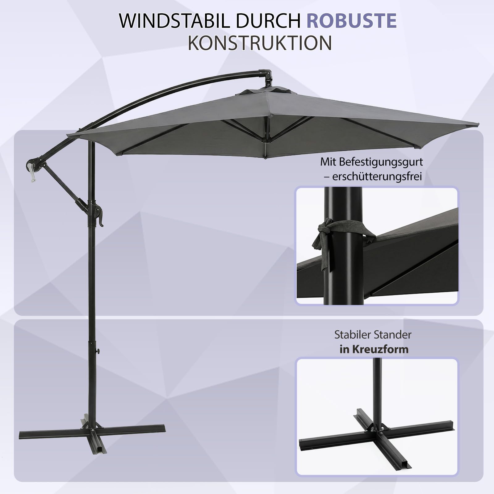 Sekey Ampelschirm 300 cm mit neigbarem Schirmdach, Sonnenschirm mit 48mm Alu-Mast & 6x Stahlstreben，Garten Terrassen Schirm rund knickbar, inkl. Zusatzgurt gegen Wackeln