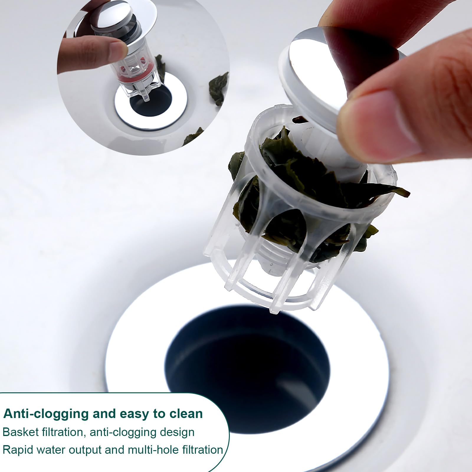 Repuesto de filtro de drenaje de bañera, diseño universal de acero inoxidable antiobstrucción con recogedor de pelo, botón pulsador sin obstrucciones, actualización 3 en 1