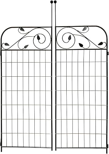 1 Pack 44 Inches x 36 Inches Black Coated Steel Decorative Garden Fence Gate with 8 Leaves, Heavy Duty Metal Wire Border Gate