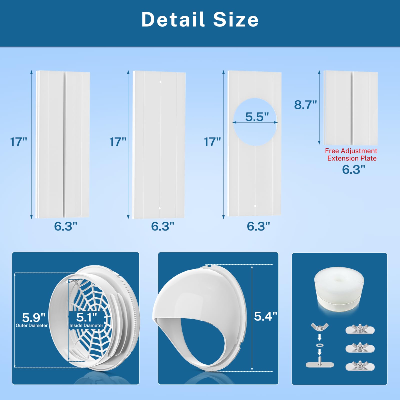 Insputer Kit de ventilación portátil para ventana de aire acondicionado con acoplador universal, kit de sellado de ventana ajustable para ventana deslizante, apto para CA con manguera de escape de 5.9