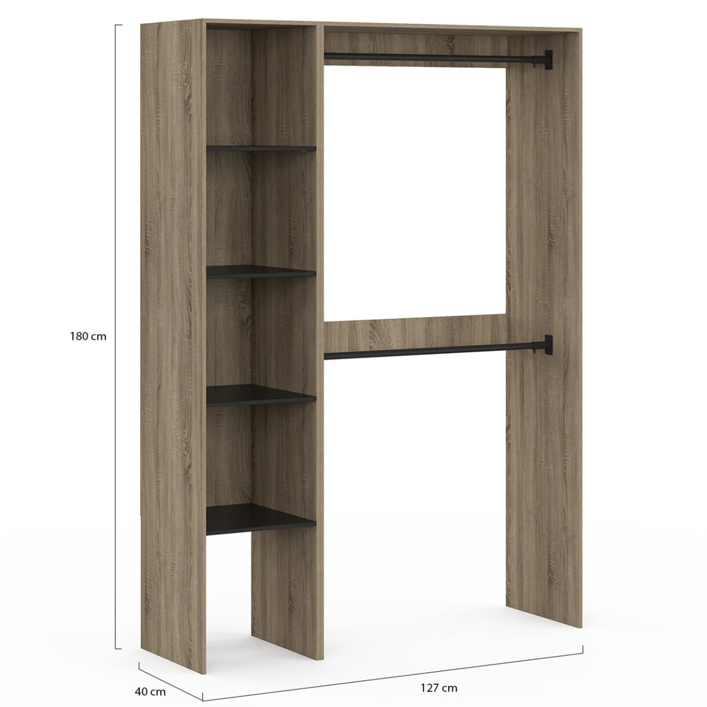 IDMarket - Dressing d'angle modulable L. 90/127 cm MELMAN double penderie + étagères bois et noir