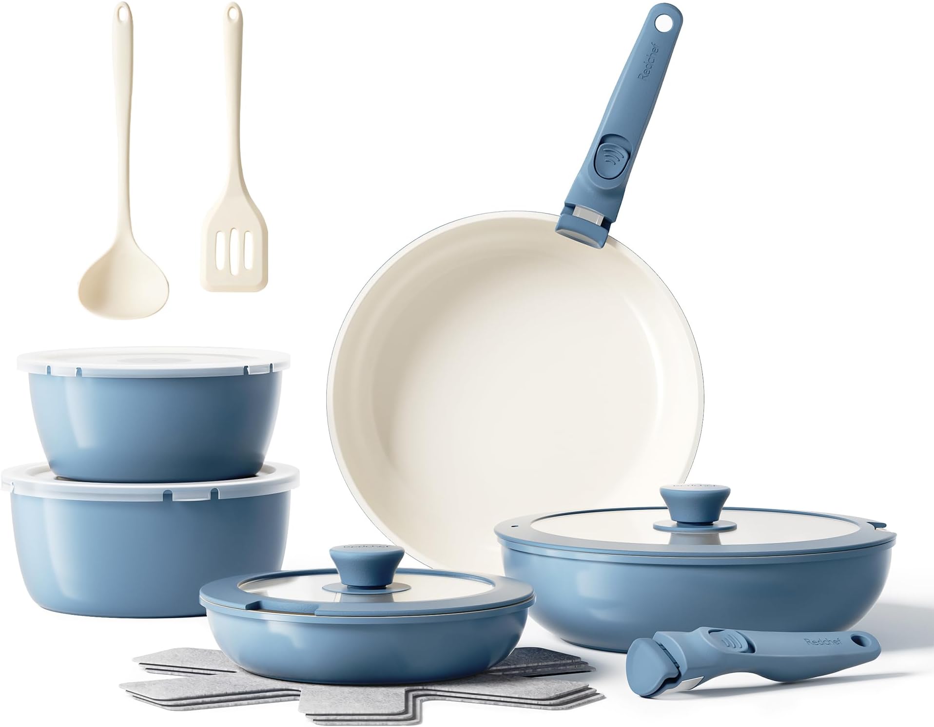 16pcs Ceramic Nonstick Pots and Pans Set, Kitchen Cookware Set with Removable Handle, Non Toxic Cookware Set, PFAS PFOA & PTFE Free, RV Ceramic Cookware for Camping, Dishwasher/Oven Safe