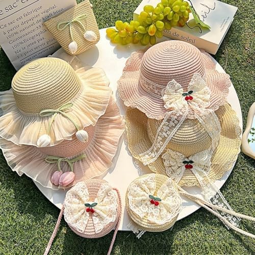 Chapeau de paille à fleurs pour enfants, casquettes d'été pour filles, protection solaire pour enfants, sac de plage, accessoires pour bébé, enfants de 2 à 8 ans, mode  1501
