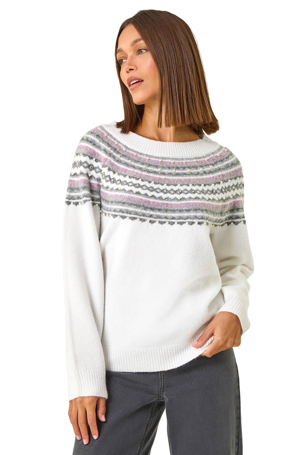 Roman - Women's Jumper - Pearl Embellished - Size 14 - Ivory