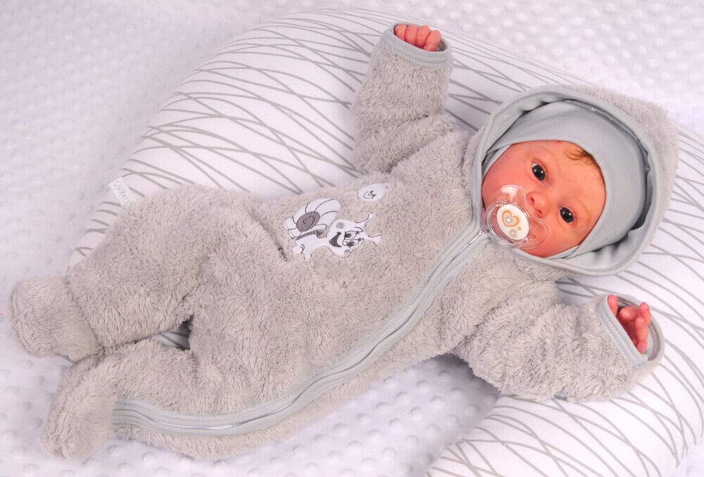 Overall Baby Wagenanzug – Größen 50 56 62 68 74 – Übergangsanzug warm aus Frottee-Stoff mit Baumwollfutter und Umschlagärmeln – Grau Unisex