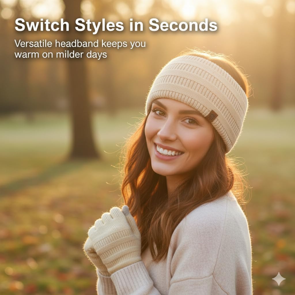 Winter Beanie Hat Scarf Gloves Headband Set – Knit Beanie, Warm Scarf, Touchscreen Gloves & Ear Warmer, Gift for Women & Men - Image 7