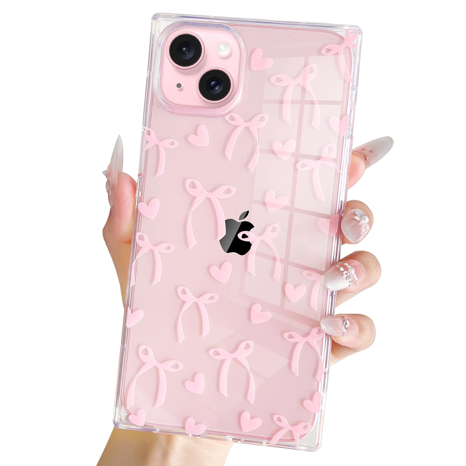 Jmltech for iPhone 15 Case Cute Women Girly Clear Silicone Rectangle Edge Bowknot Print Hearts Transparent Shockproof Protective Phone Cases for