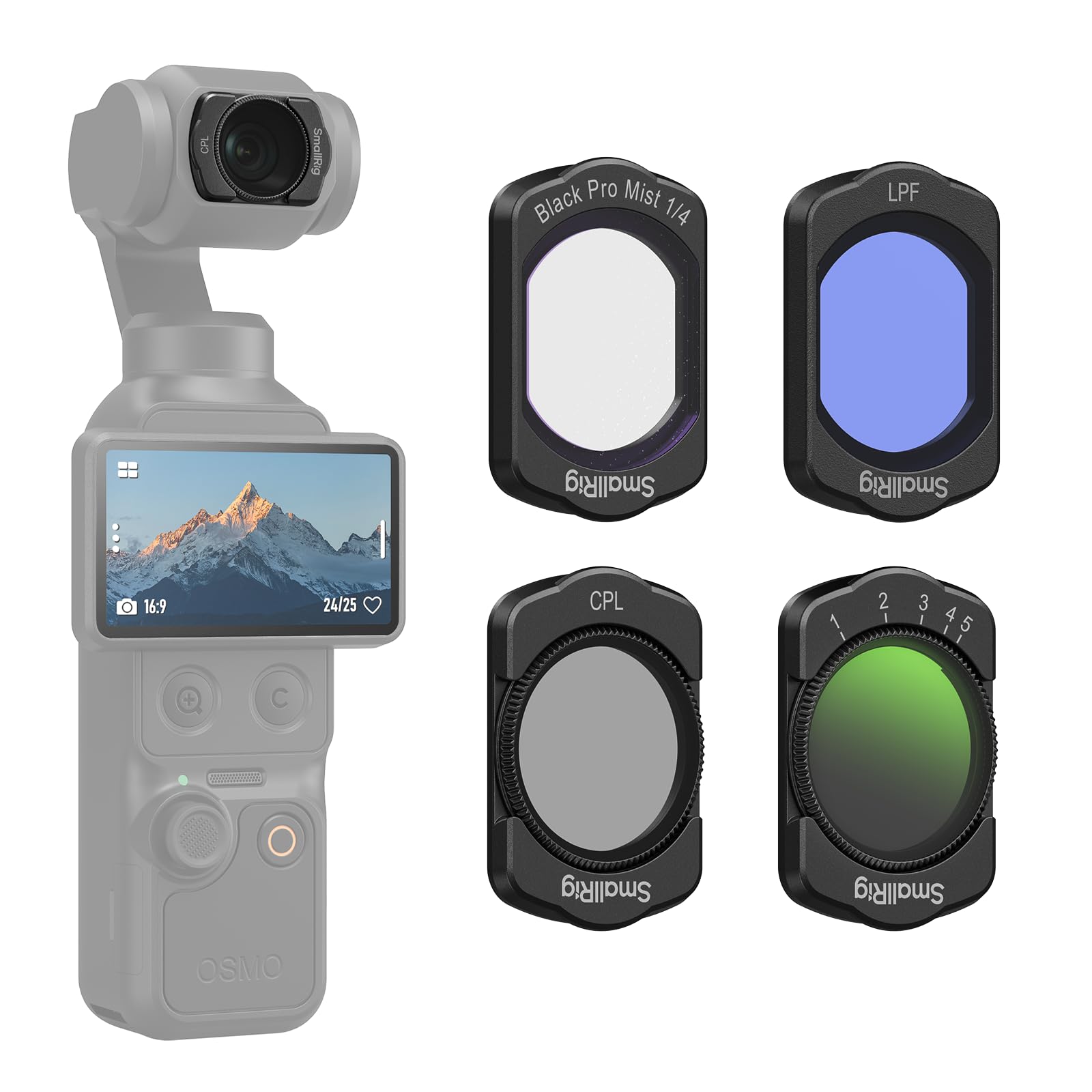 SMALLRIG Set di Filtri Magnetici ND e CPL e Filtri per Effetti e LPR per DJI Osmo Pocket 3/4, Confezione da 4 filtri CPL 1/4 Neri a Diffusione Variabile ND2-32, Vetro Ottico HD Multistrato - 5833