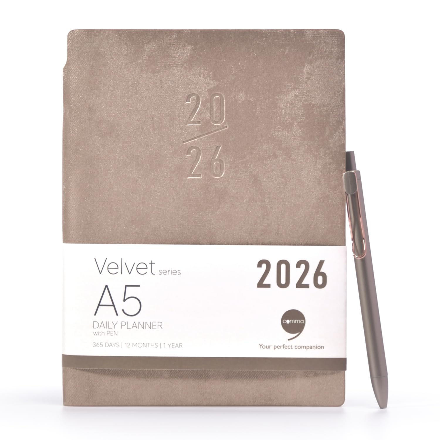 COMMA | Velvet Series Daily Planner 2026| A5 Size with Pen| Flexible Bound Notebook | 330 Pages | 80gsm Natural Shade Paper | Velvet PU Cover with Edge Colour – (Brown)-image-42