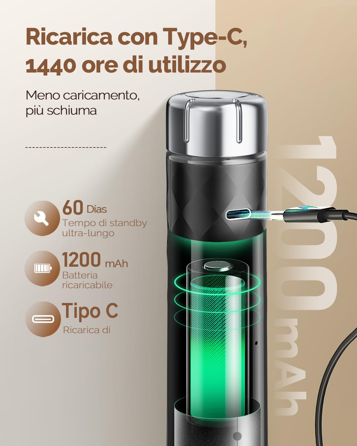 Maestri House Montalatte, Frusta elettrica con regolazione continua della velocità, Frullatore ricaricabile con frusta e supporto in acciaio inox, frullatore per bevande per matcha