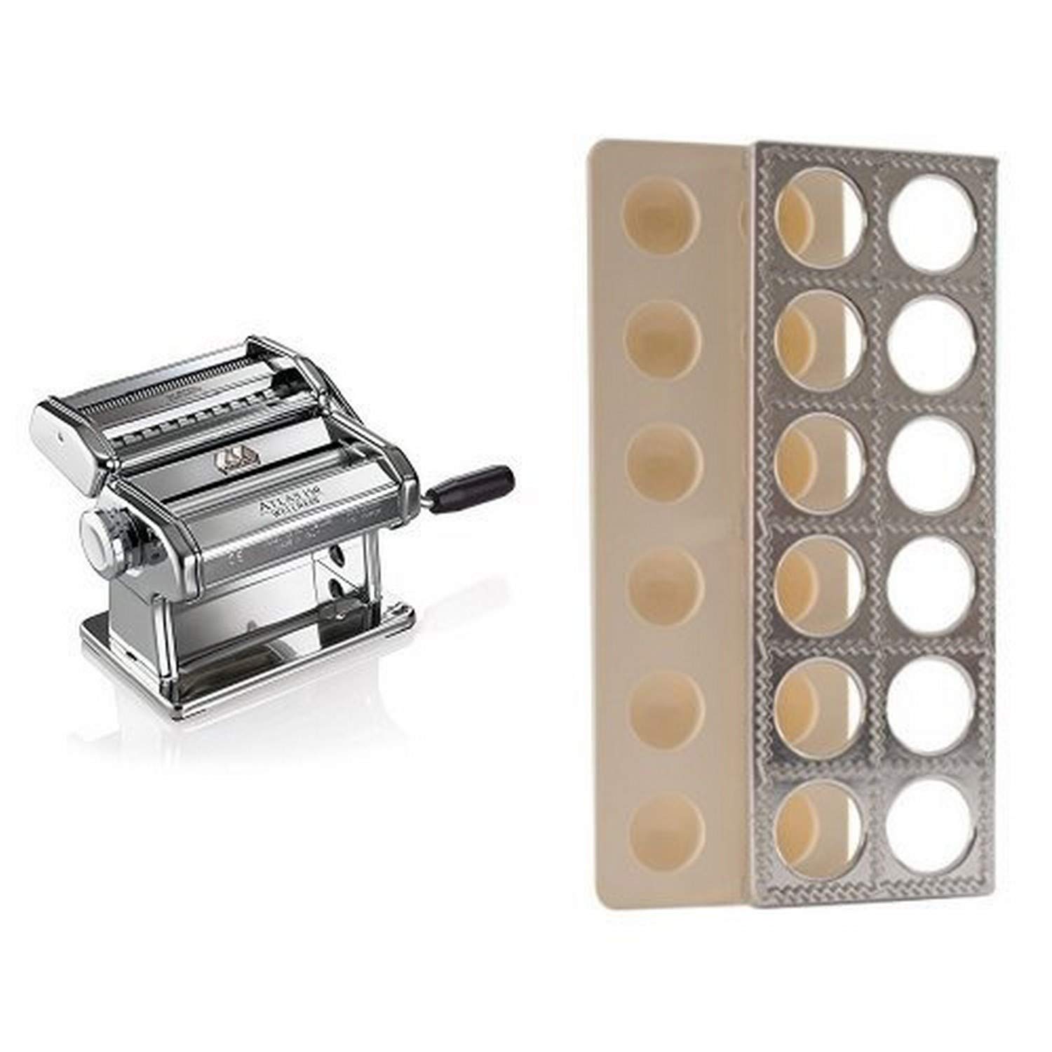 Marcato Atlas Pasta Machine, Stainless Steel, Includes Pasta Cutter, Hand Crank, and Instructions & Norpro Ravioli Maker With Press