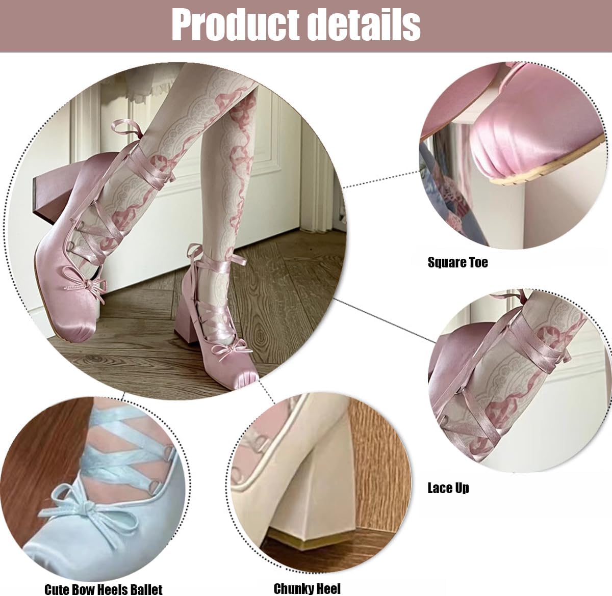 Women's Gothic Lolita Cosplay Mary Jane Shoes, Satin Platform Pumps with Bow, Lace-Up Chunky High Heel Closed Square Toe Party Dress Ballerina Heels