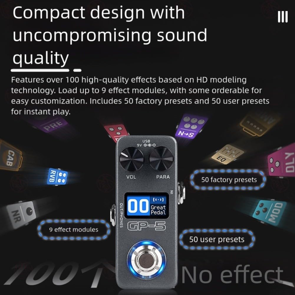Processore Multieffetti per Chitarra Elettrica con Drum Machine, Scheda Audio Compatta ABS, Più di 100 Suoni, Trasmissione Audio Wireless, Alimentazione DC/USB, Grigio