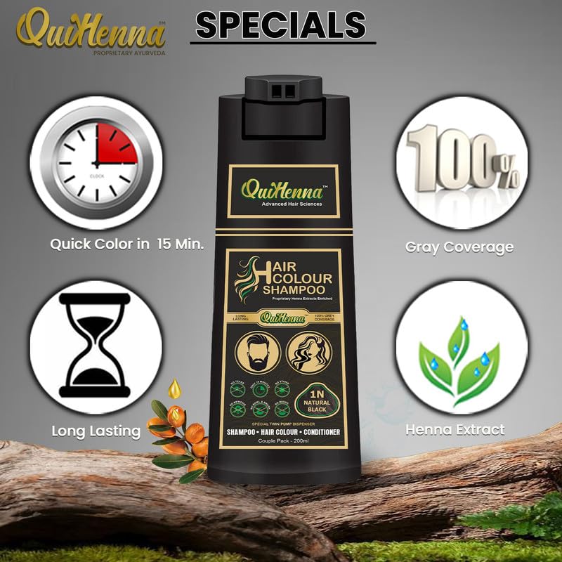 Image of QH+ Organic Gel Hair Color Shampoo 1N Natural Black 200ml (Pack Of 2) PPD Free, Ammonia Free Permanent Hair Colour For Women & Men, Vegan & Cruelty Free