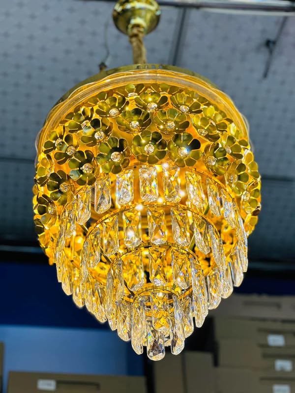 Image of Luxury Flower Crystal Chandelier - 400mm Gold Finish with LED Lighting Gold Fixtures 16 inch Round, Stainless Steel Tube Crystal Golden Finish Exqusite Design Pendant for Home and Office