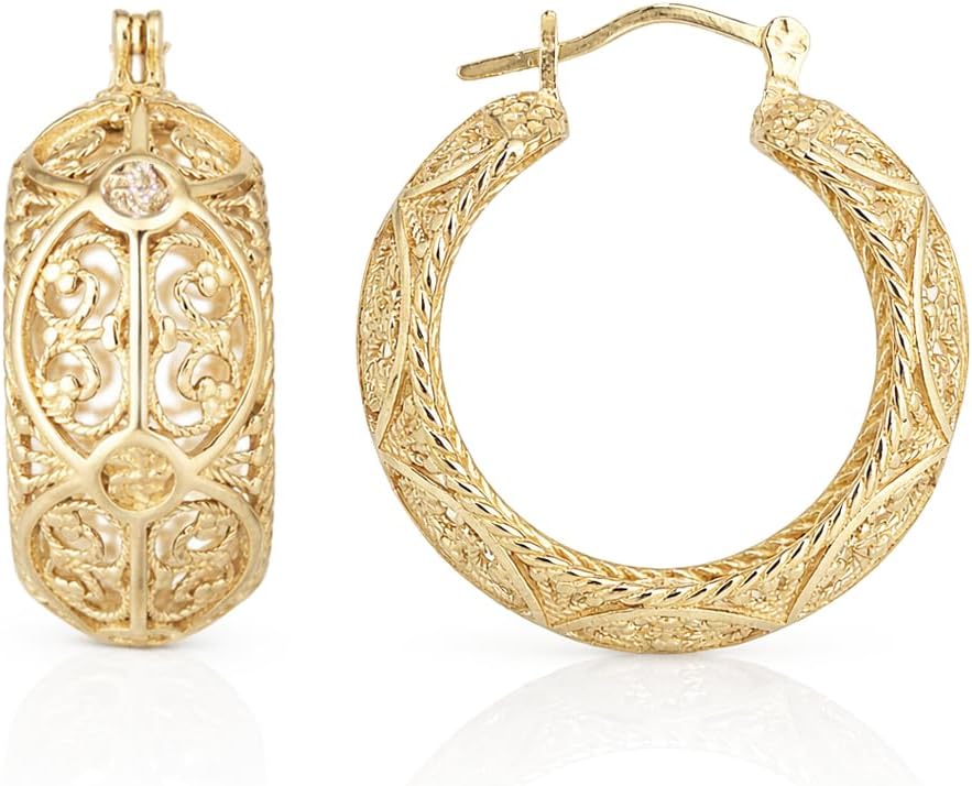 Gold Hoop Earrings for Women, Vintage Style Filigree Hoop Earrings, Lightweight & Comfortable, Gold Earrings in 18K Gold Finish - Secure Latch-Back Closure - Gift for Special Occasions