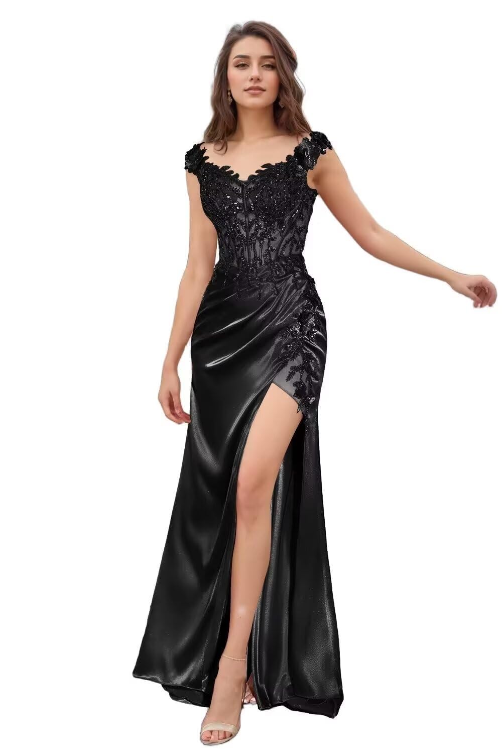 Off The Shoulder Prom Dress Mermaid Appliques Formal Dress for Women Satin Pleated Evening Gown with Split