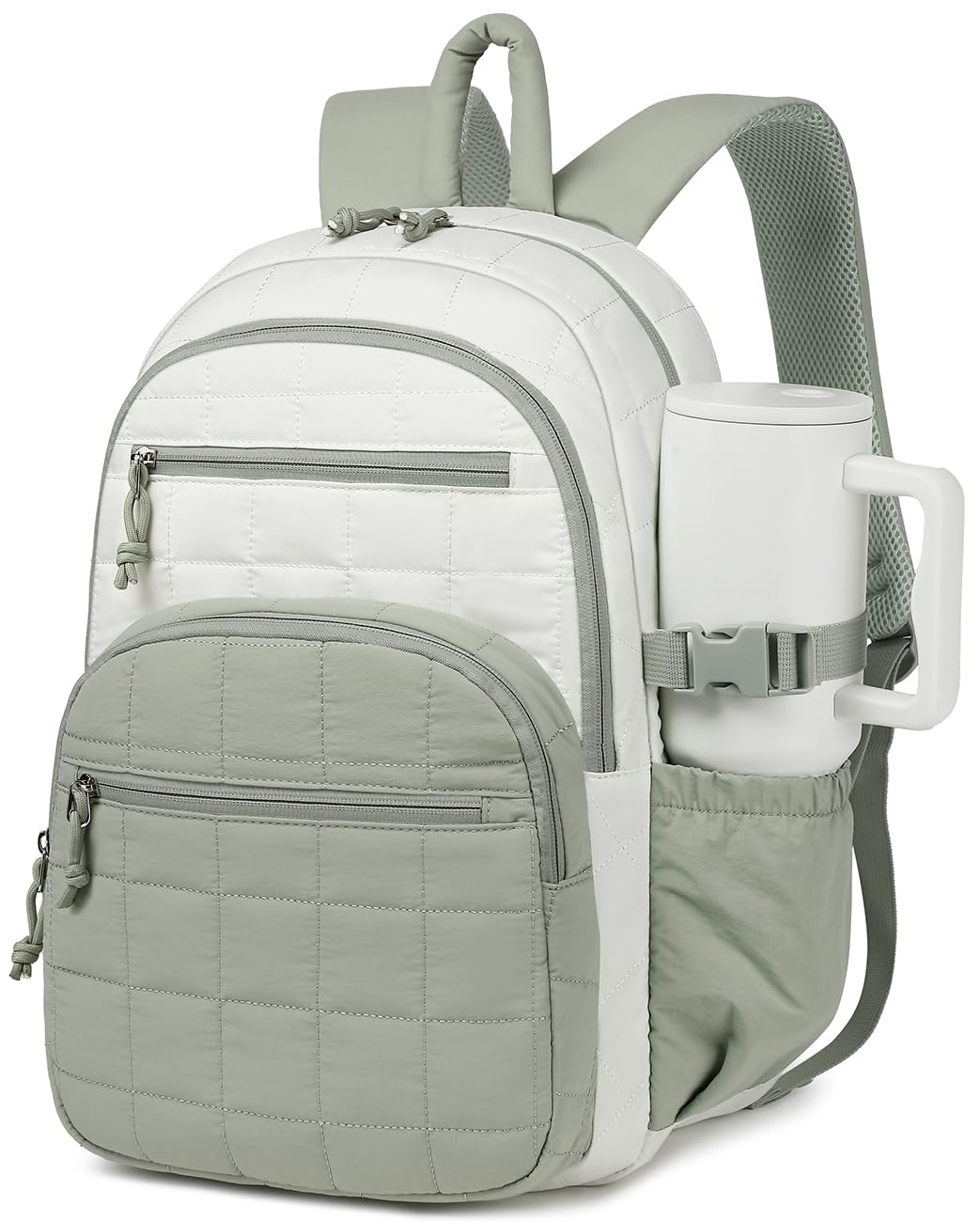 Quilted Bookbag for Women, College Laptop Backpack with Tumbler Holder Pocket for Nurse Teacher Work Travel, Puffer School Backpack for Teen Girls Big Student, White Green
