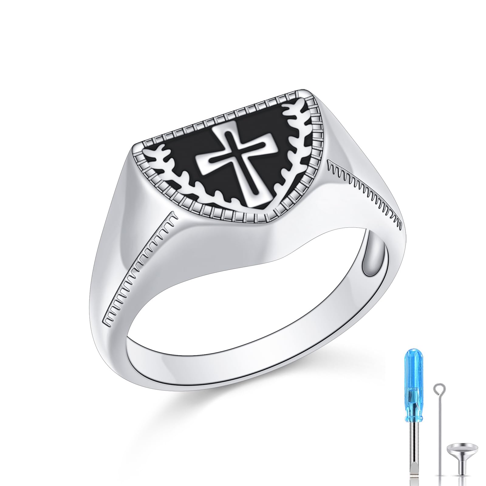 S925 Sterling Silver Cross Cremation Jewelry for Ashes, Urn Ring Holds Loved Ones Ashes, Ring Size 10 Cremation Small Keepsake for Men