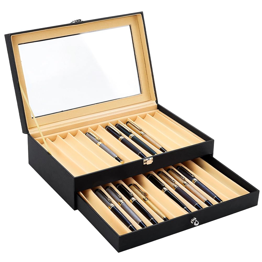PH PandaHall Stift-Präsentationsbox aus Holz, 24 Fächer, PU-Leder, für Füllfederhalter, Organizer, Box, schwarze Stifte-Aufbewahrungsbox mit Glasfenster für Geschäft, Zuhause, 30,7 x 19,8 x 9,4 cm