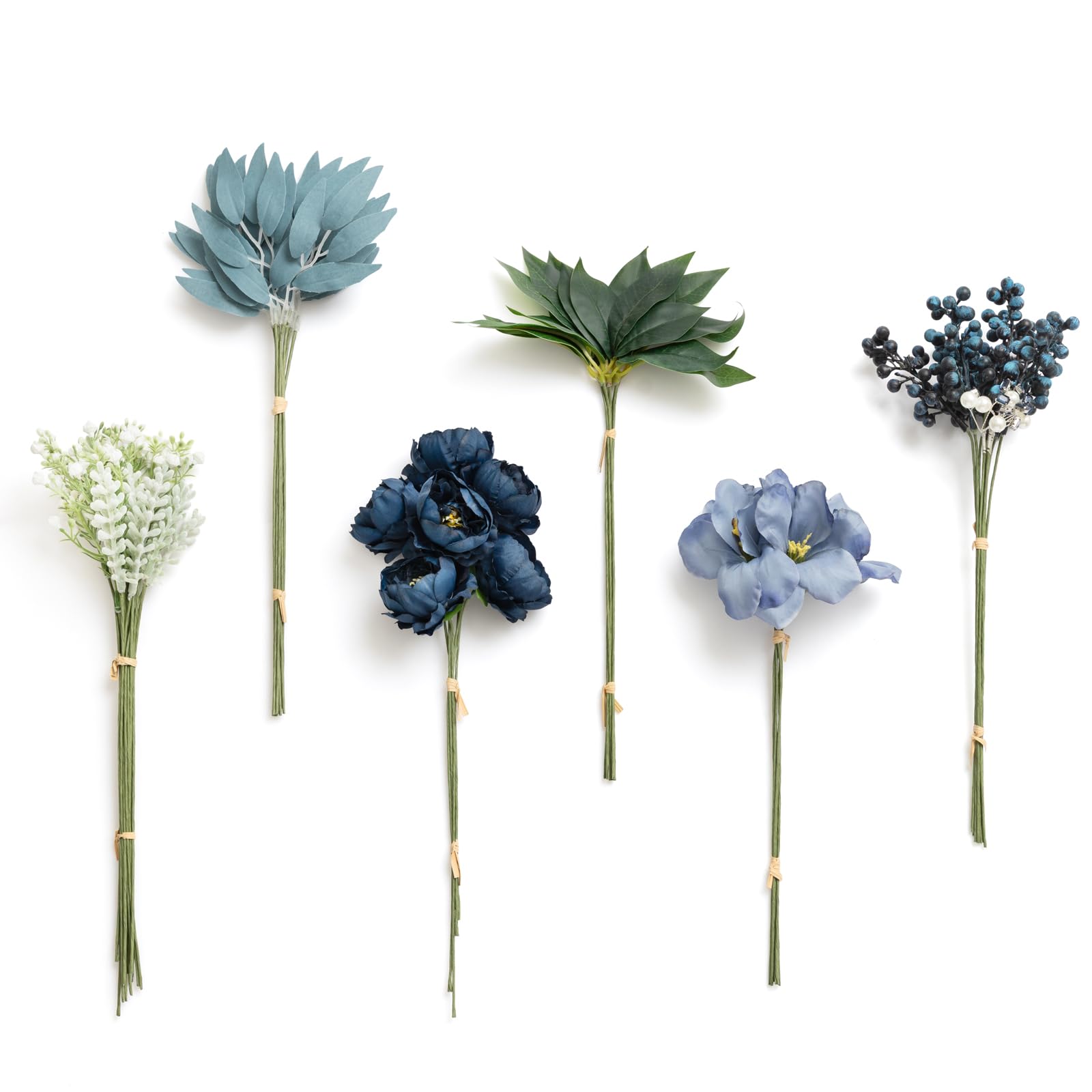 Ling's moment Künstliches Grün Stiele Box Set, 59 Stück mit 8 Arten von Faux Greenery Picks für DIY Brautsträuße Hochzeit Blumenarrangement Tisch Mittelstücke, Dunkelgrün & Marineblau