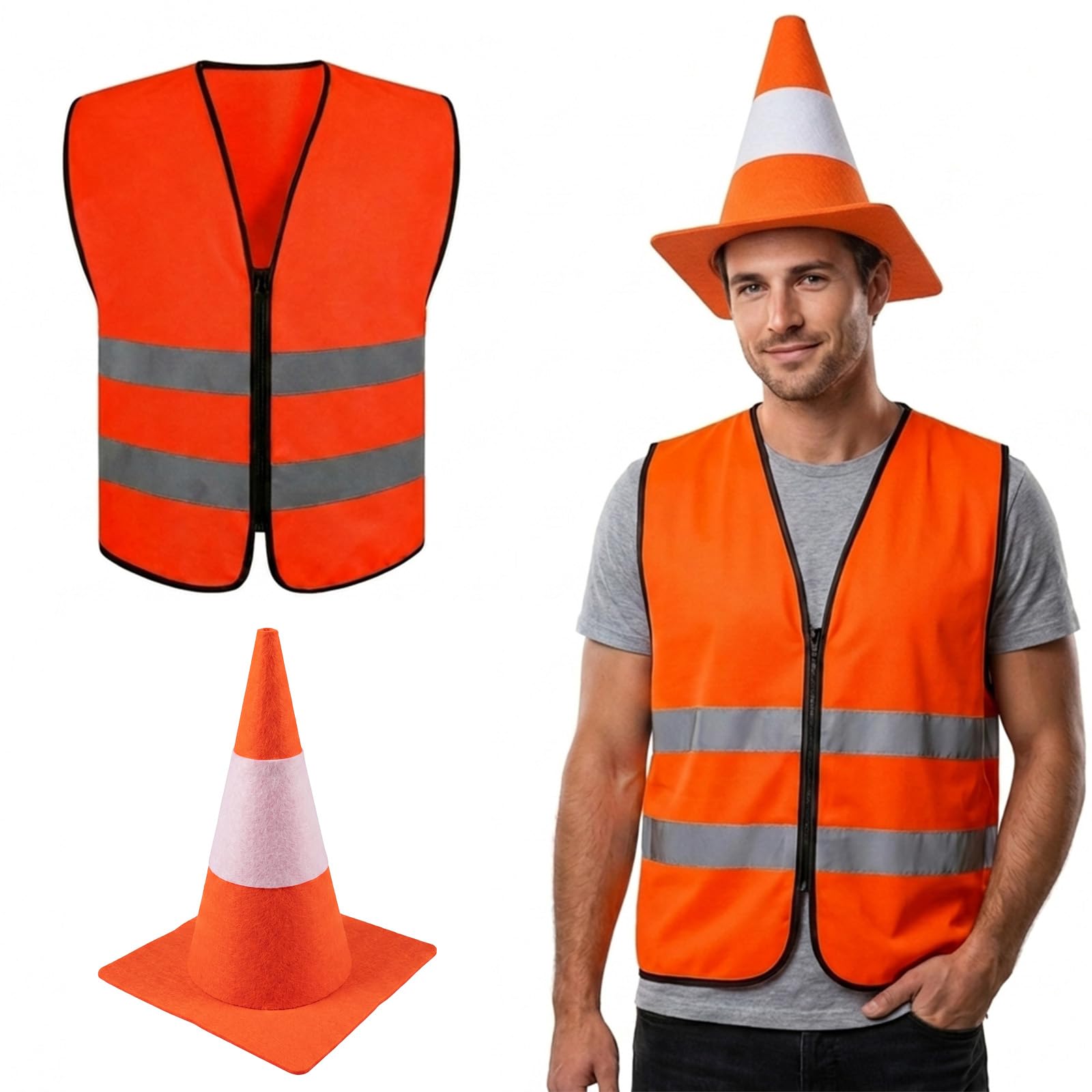 Traffic Cone Costume Set for Adults with Hat and Reflective Visibility Vest
