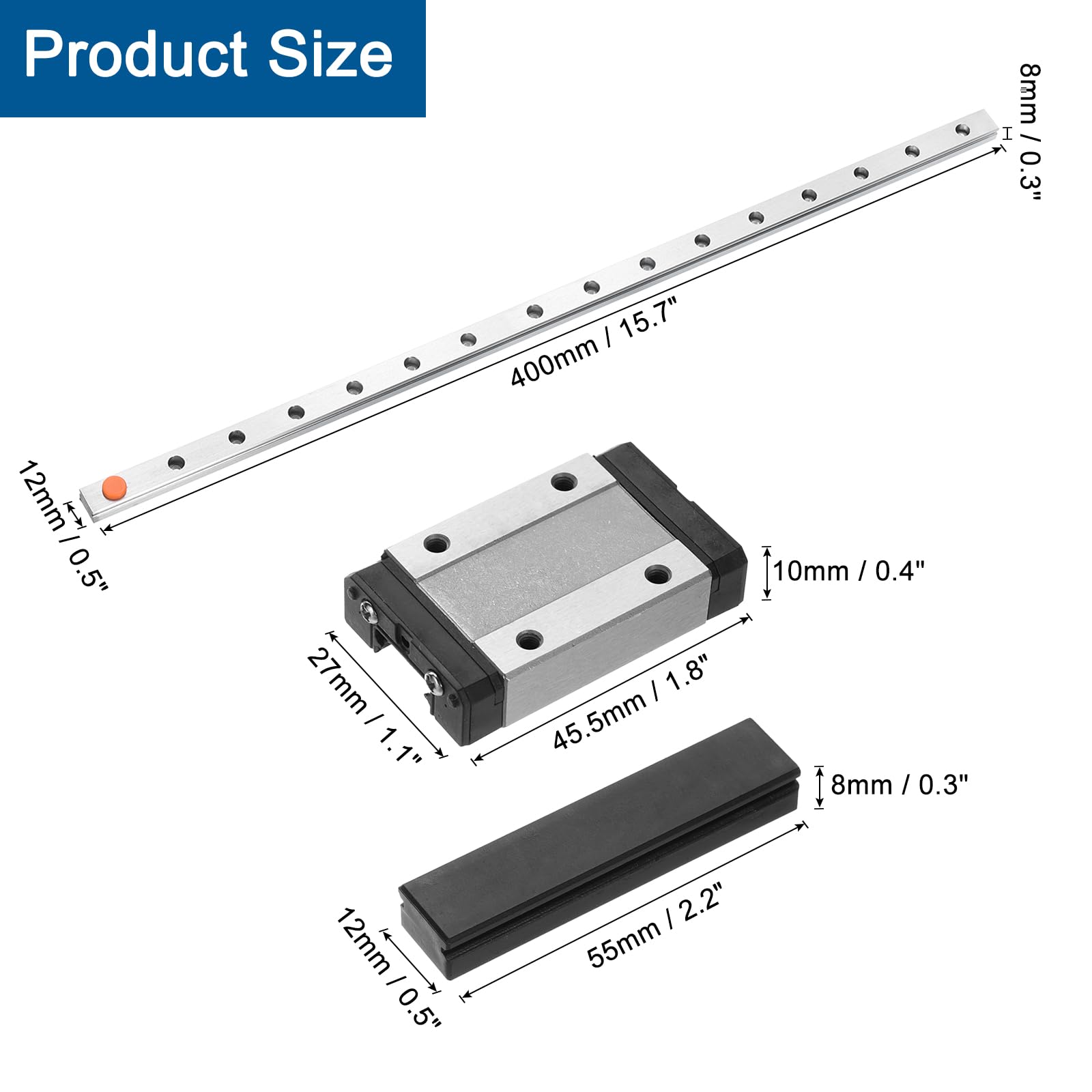 Guía Lineal MGN12 400 mm Bloque MGN12H Rodamiento Acero Plástico para Impresoras 3D CNC