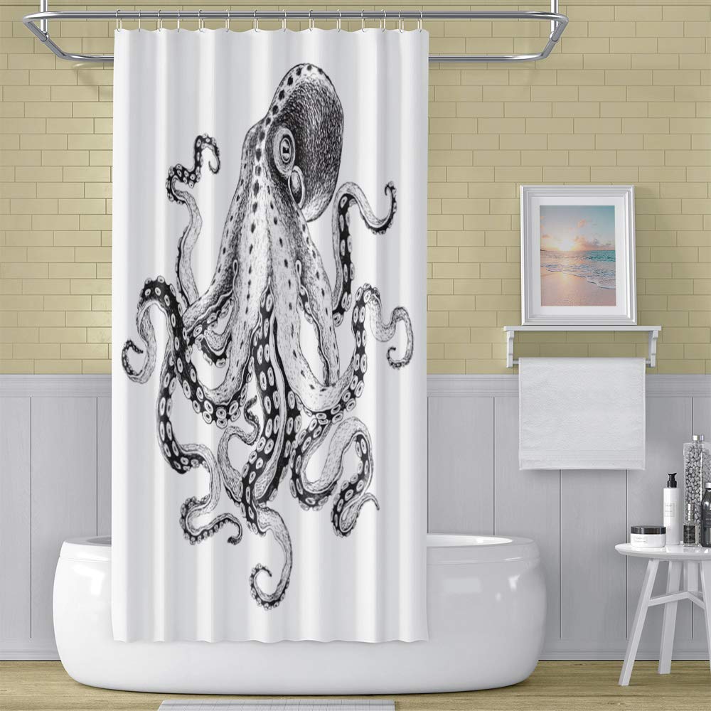 Cortina De Ducha Extra Larga 72x84 Pulgadas - Diseño De Pulpo, Tema Oceánico, Incluye 12 Ganchos