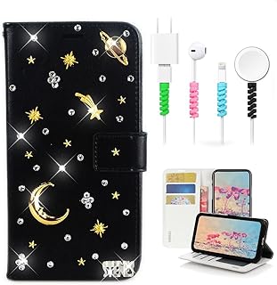 STENES Bling Wallet Phone Case Compatible with iPhone 14 Pro Case - Stylish - 3D Handmade Planet Moon Meteor Glitter Magnetic Wallet Leather Cover with Cable Protector [4 Pack] - Black
