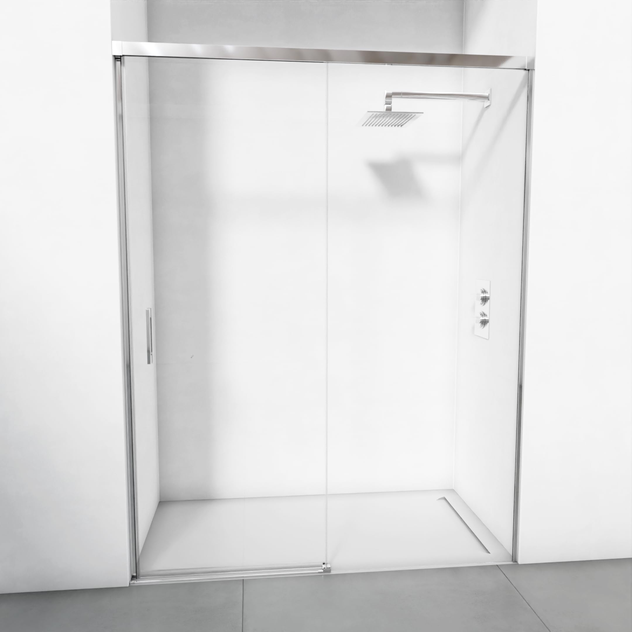 Mampara de ducha reversible 1 corredera + 1 fijo - Perfilería minimalista - Cristal transparente templado 6 mm antical - Cromo - Ancho adaptable 121-125 - Alto 195 cm