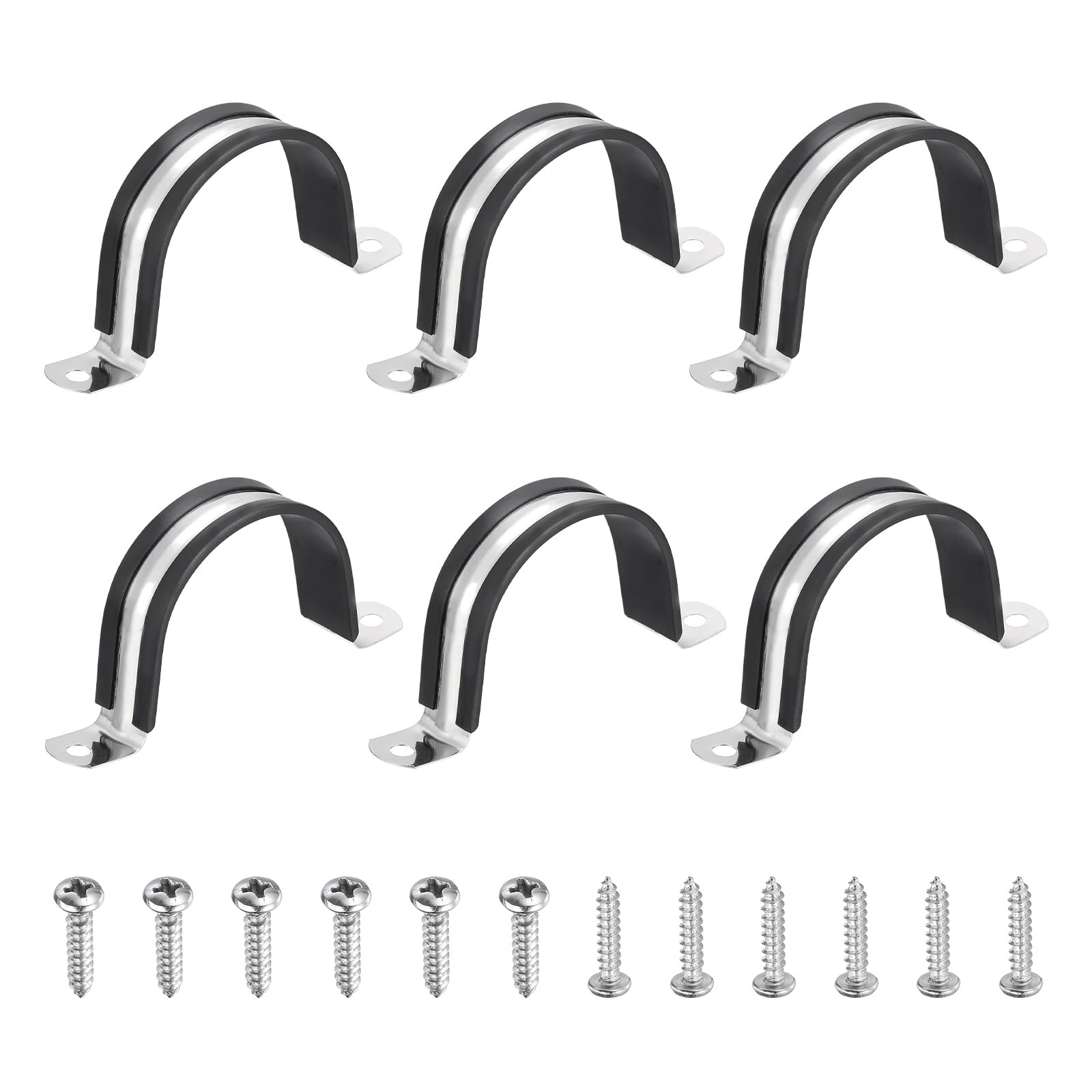 sourcing map 6Pcs 55mm Pipe Clips, 304 Stainless Steel Rubber Coated Cushion Pipe Strap Clamp U-Shaped Bracket with M3x155mm Screws for Tube Hose Cable Installation, Black โ image 1