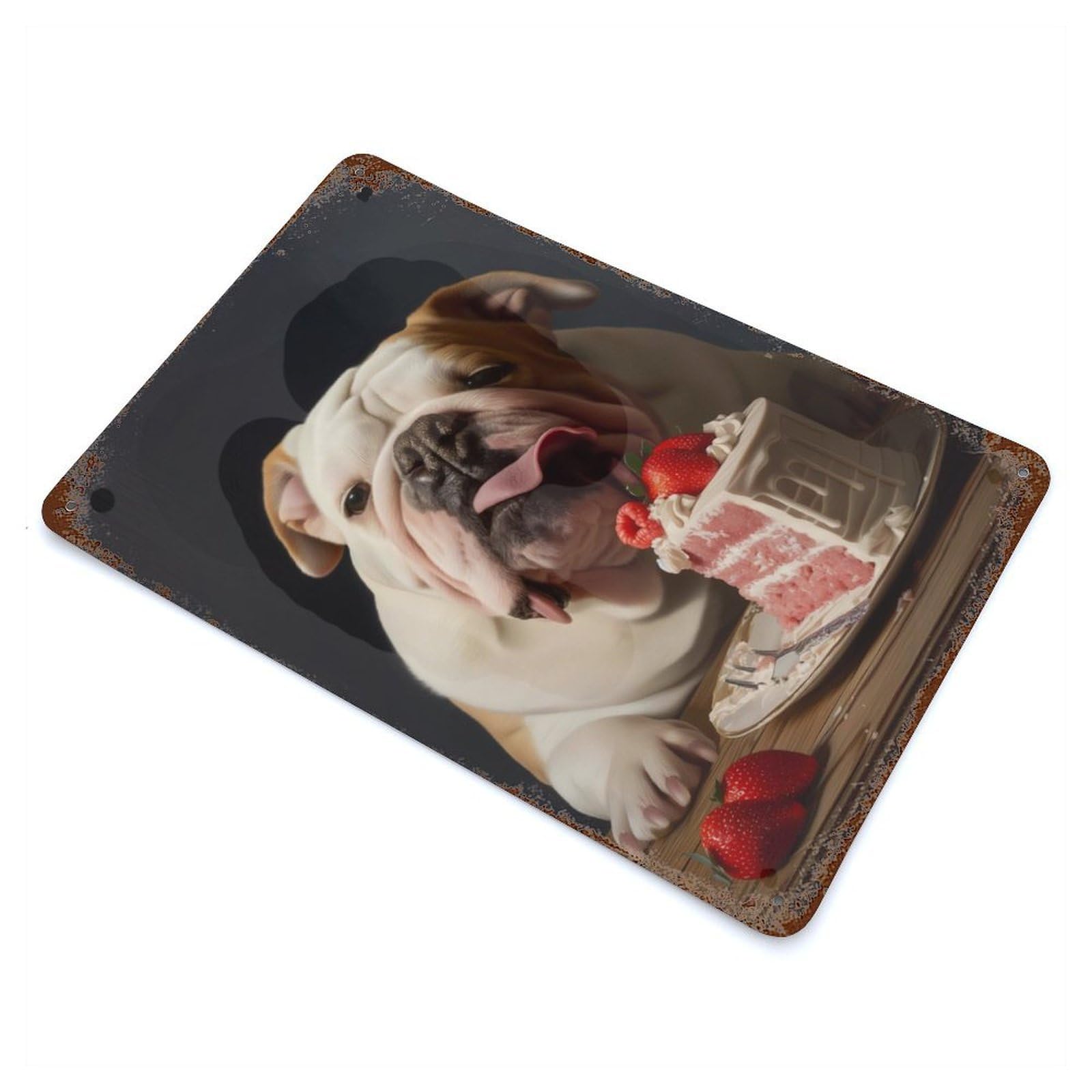 Garage Style Bulldog Birthday Cake Rustic Tin Plaque 11.8"x7.9", Classic Wall Plaque for Bar And Workshop