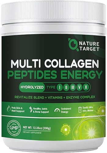 NATURE TARGET Polvo de péptidos multicolágeno, colágeno hidrolizado con mezcla energética + multivitamínico y minerales, apoya la energía de la