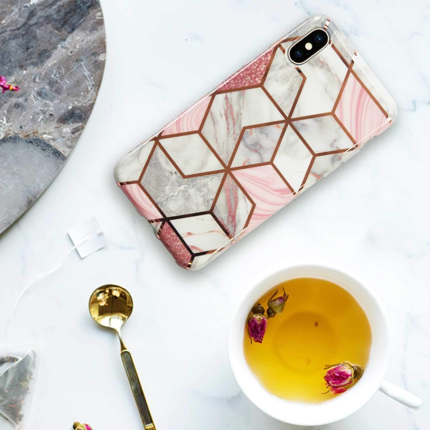 Coolwee for iPhone Xs Max Case Marble Slim Fit Bling Glitter Sparkle Bumper Foil Stripe Thin Cute Design Glossy Finish Soft TPU Girl Women Protective Cover for Apple iPhone Xs Max 6.5 inch Rose Gold