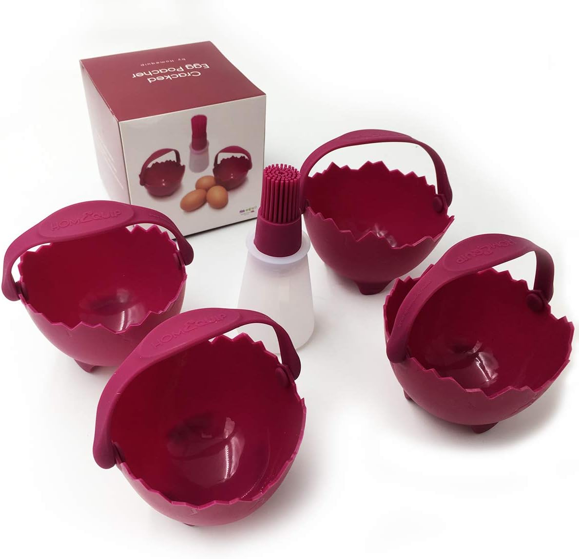 Cracked Egg Poacher Set by HomeQuip | Eat Healthy Eggs for Breakfast | Made with Food Grade Silicone with Safety Handle Includes Free Oil Brush (Box of 4 Poacher)