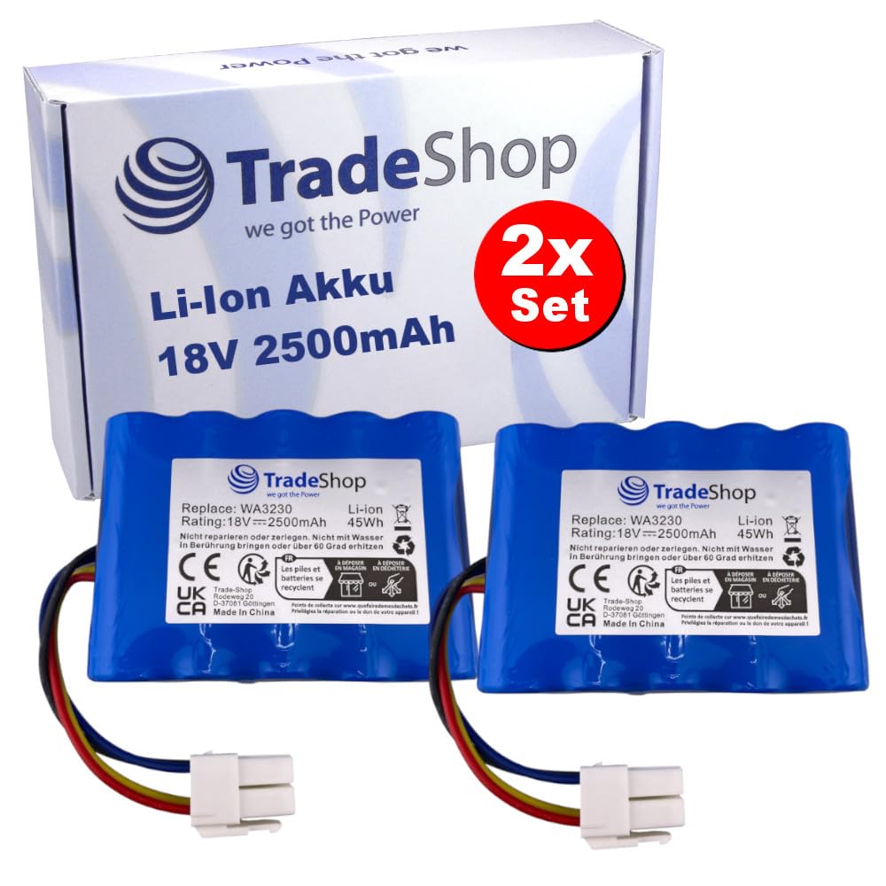 Trade-Shop - Juego de 2 baterías de ion de litio (18 V/2500 mAh, compatible con Sunseeker RMA301M20V RMA501M20V RMA801M20V RMA1001M20V cortacésped)