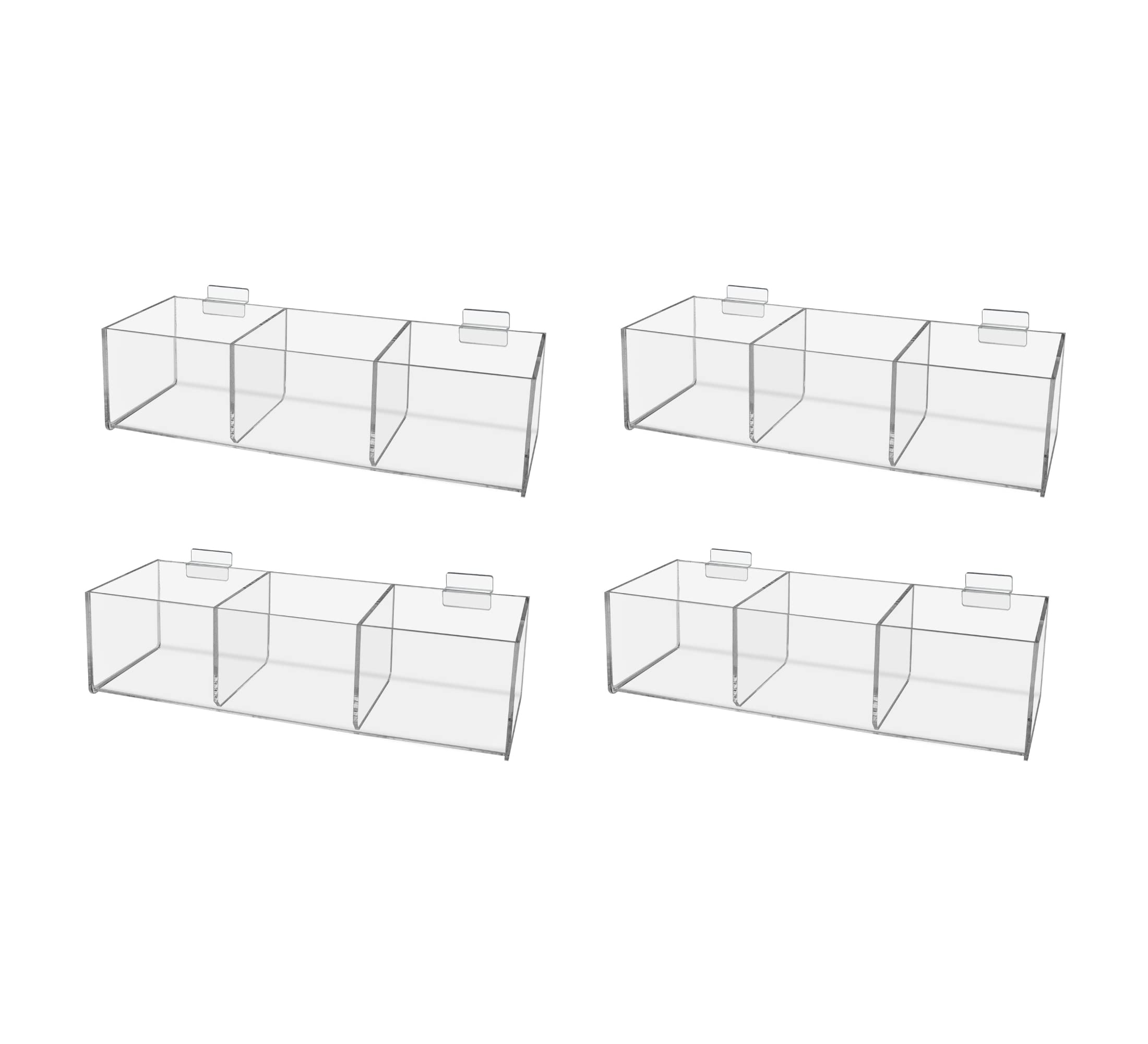 Marketing Holders 4 Pack Slatwall Acrylic Retail Tray 3 Compartment Product Merchandise Storage Organizing Basket for Homes and Retail Shops