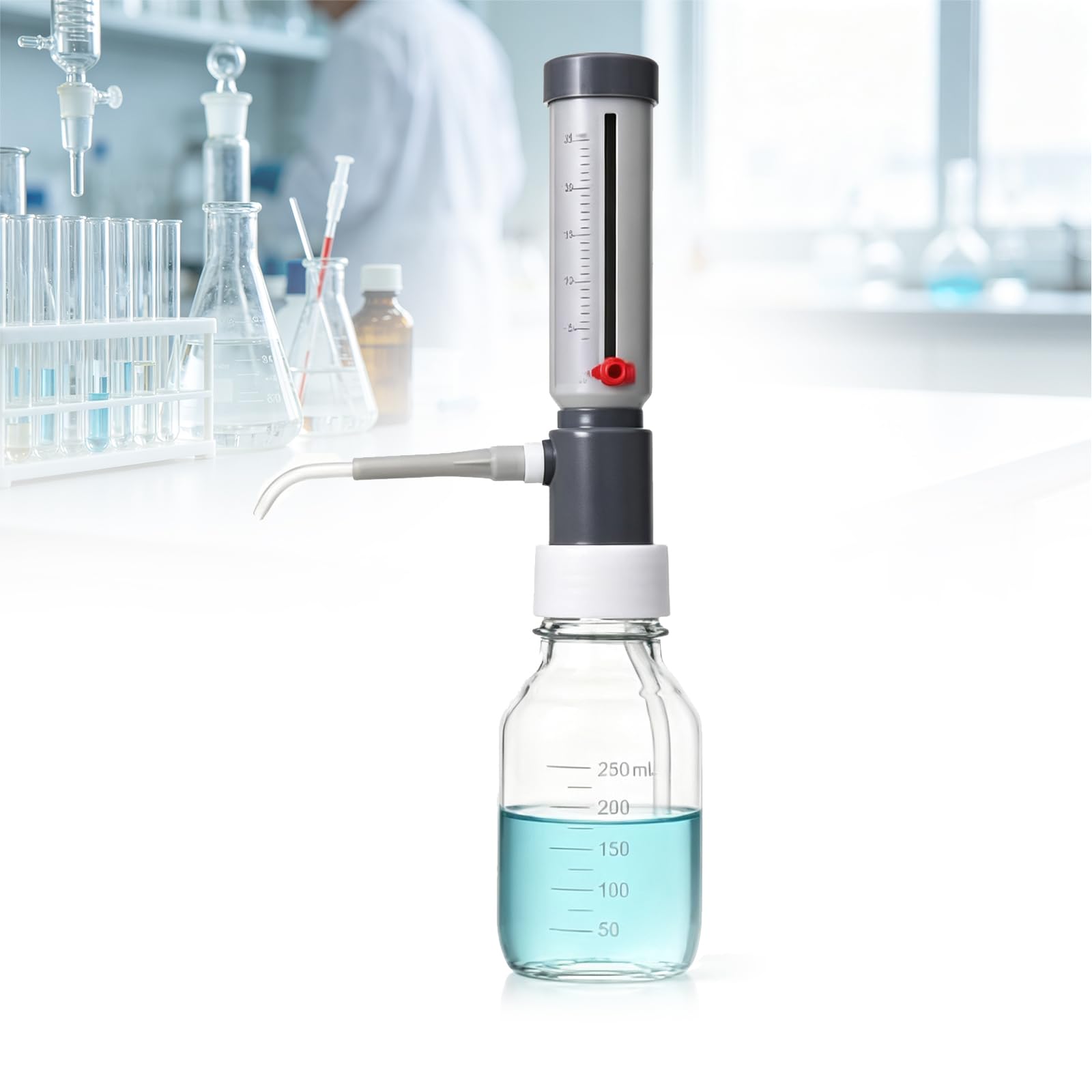COYEUX Dosatore Regolabile A Manicotto per Liquidi, da 0-25 Ml, per Flaconi da Laboratorio, con Impostazione del Volume Graduata E Bloccabile, per Laboratori, Scuole, Docenti E Ricercatori.