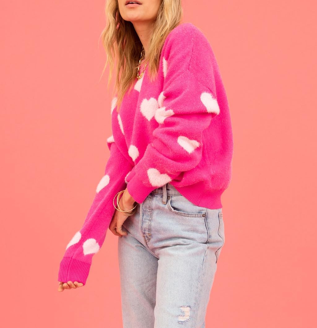 Cute Pink Heart Sweater for Women Knitted Love Sweaters Tops Holiday Outfits Crewneck Long Sleeve Pullover Shirts - Image 3