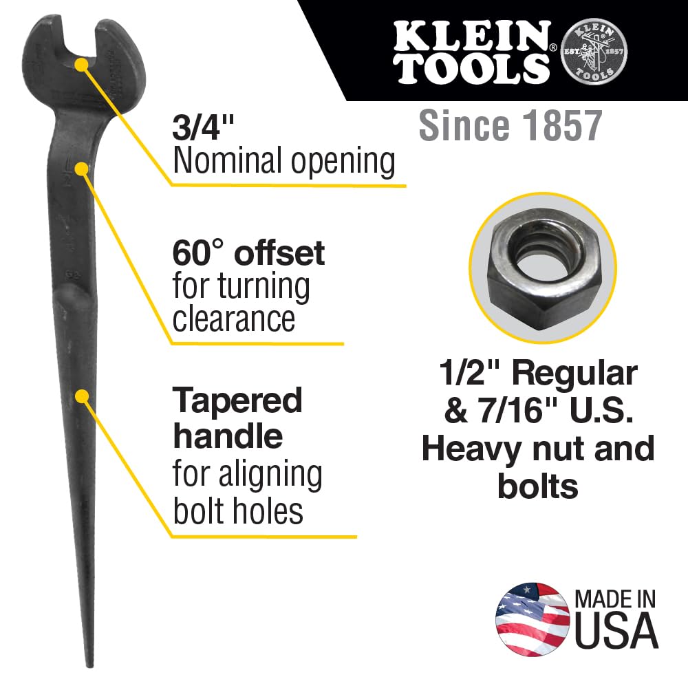 Klein Tools 3219 Spud Wrench, Made in USA, 3/4-Inch Nominal Opening, 1/2-Inch Bolt for U.S. Regular Nut